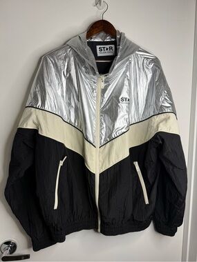 Golden Goose Silver, Cream & Black Chevron Windbreaker